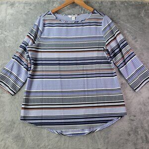 Croft & Barrow Womens Blouse S Blue White Black Striped Geometric 3/4 Sleeve